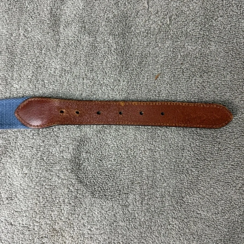 Tommy Bahama Mens XL 42-44 Blue Canvas Brown Leather Web Belt Marlin Logo
